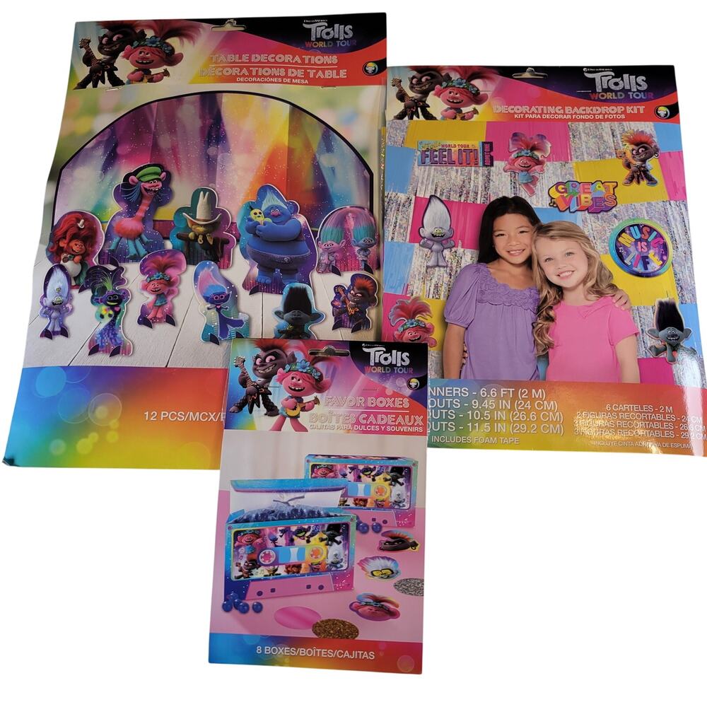Trolls World Tour Party Decor Set Backdrop, Table Centerpieces, Favor Boxes Lot